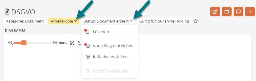 Aktionen über den Chip zum Status des Dokuments ausführen